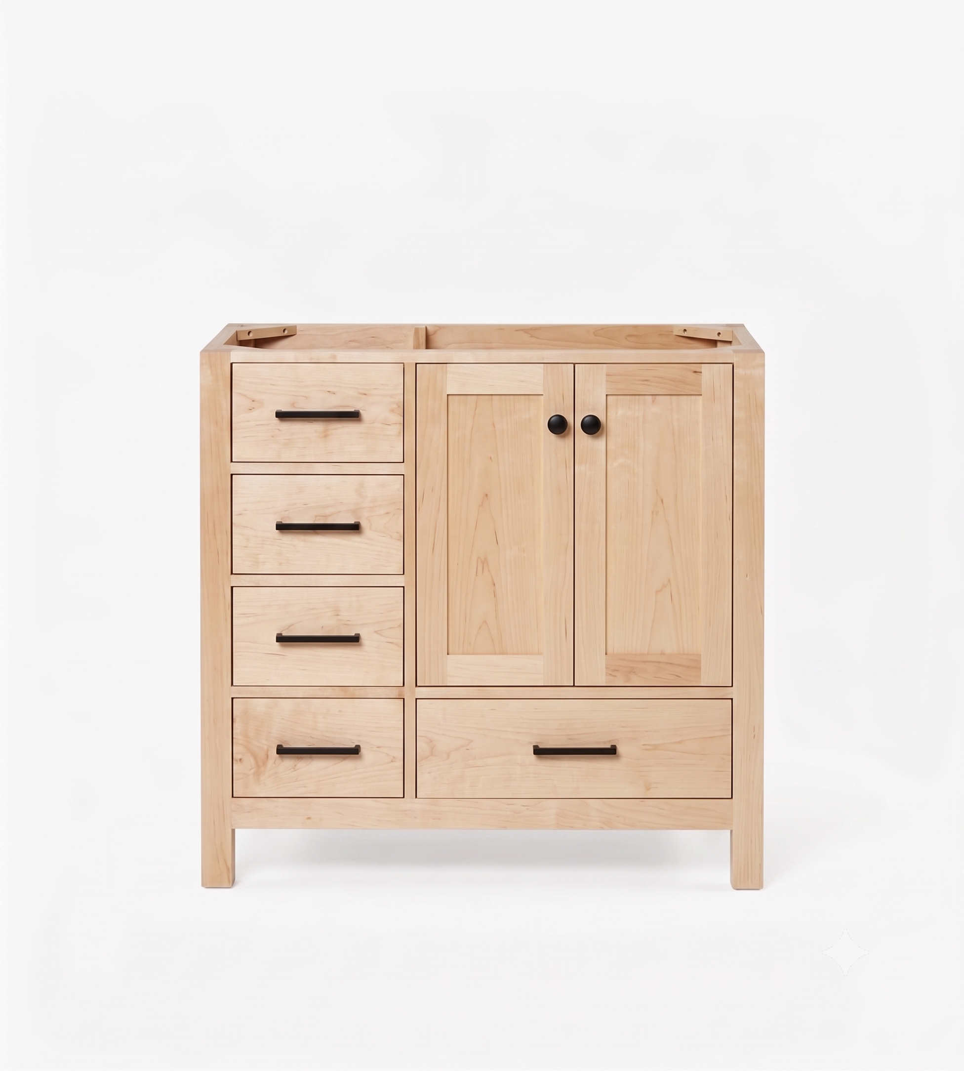 A light natural maple wood bathroom vanity cabinet with four drawers on the left, two doors with black round knobs on the right, and a recessed top surface, shown on a clean white background.