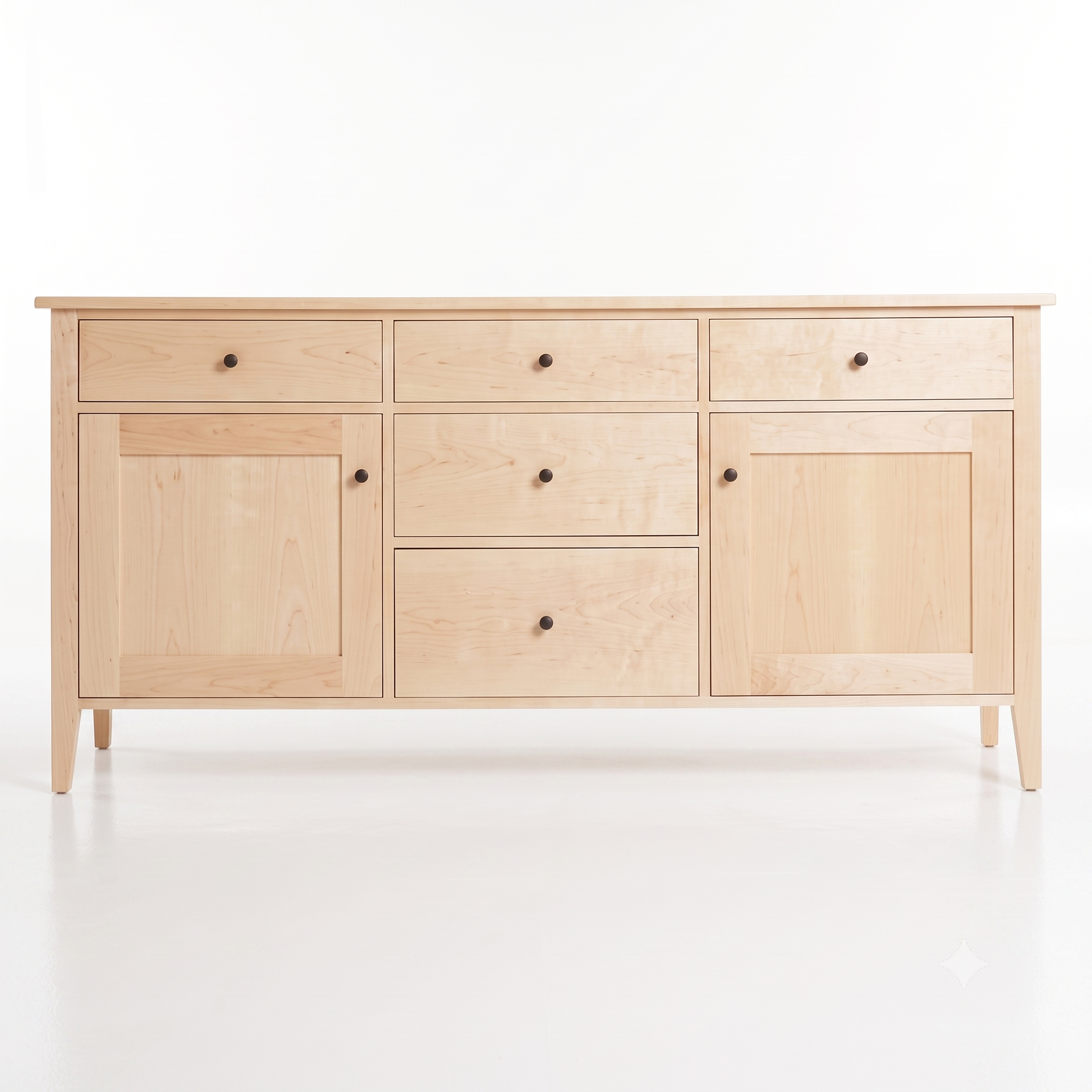 A light natural maple wood sideboard or dresser with four drawers and two cabinet doors, accented by small round dark knobs, shown on a clean white background.