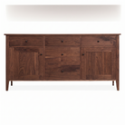 A dark brown walnut wood sideboard or buffet table with four drawers and two cabinet doors, shown against a plain white background.