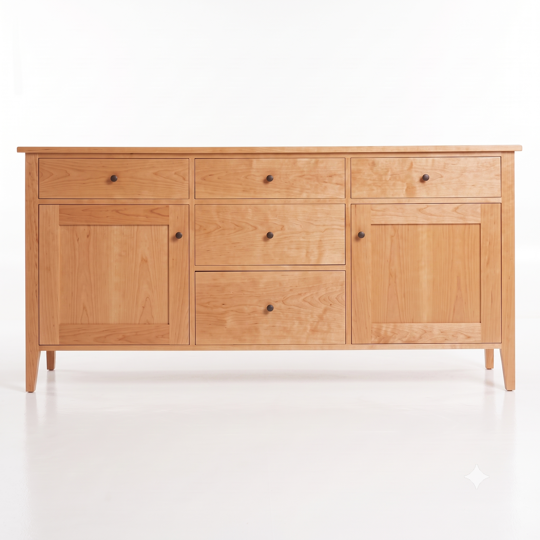 A light Cherry wood sideboard or credenza with four drawers and two cabinet doors, accented by small round dark knobs, shown against a plain white background.