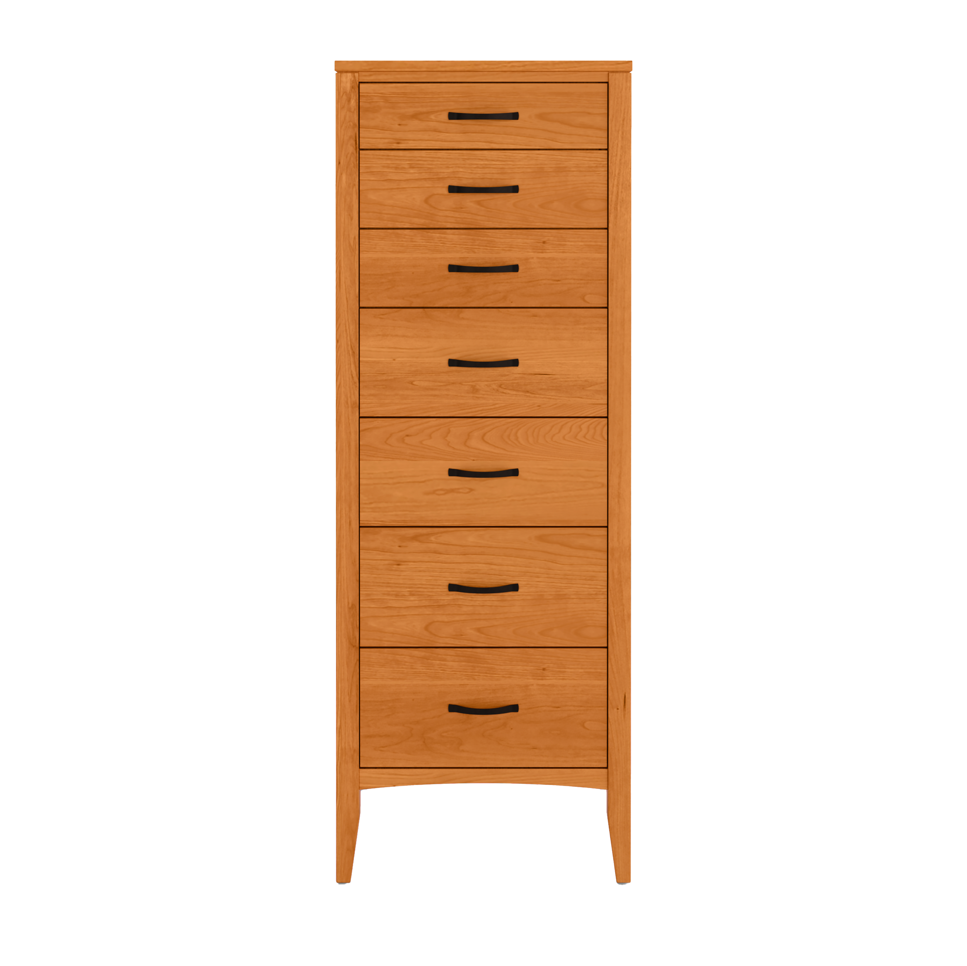 A tall, narrow solid vermont cherry seven-drawer lingerie chest with a natural finish and undermounted soft-close runners