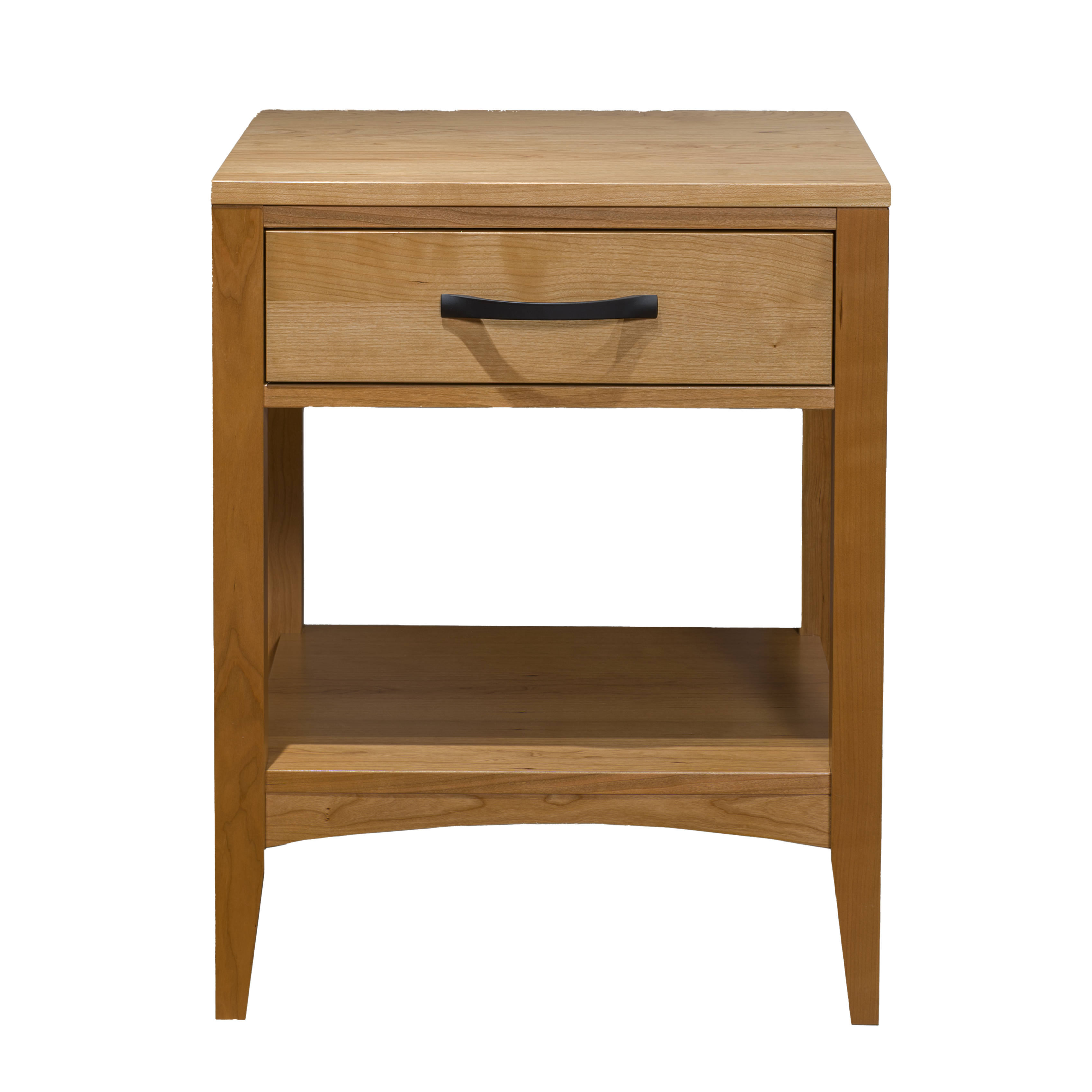 A Solid Cherry wooden one-drawer nightstand with a sleek black handle and a lower shelf. A modern traditional marvel. 