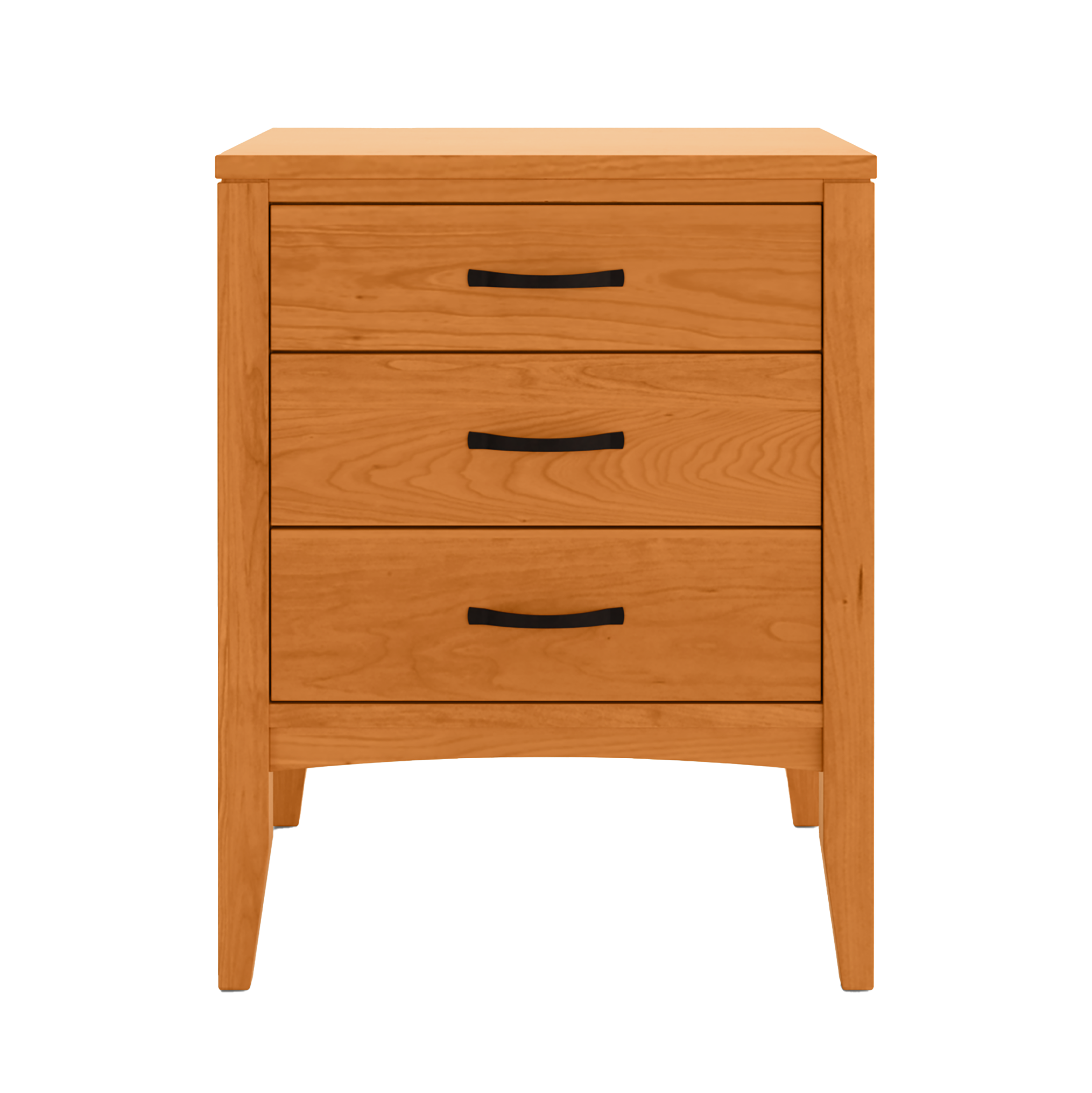 A solid cherry wooden three-drawer nightstand with sleek black handles, exemplifying midcentury modern design.