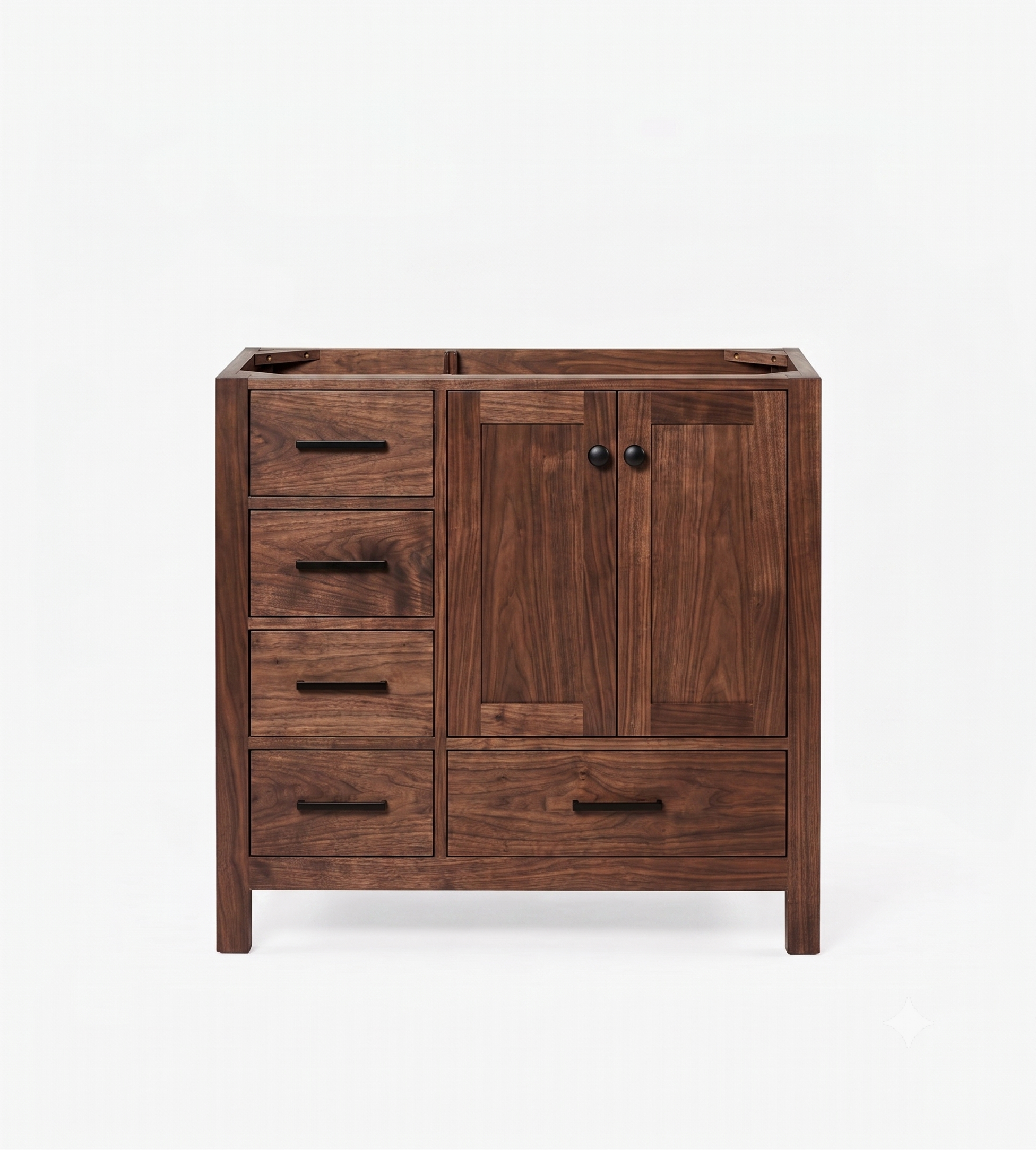 A dark brown wooden bathroom vanity cabinet with a five-drawer left section, two upper cabinet doors with round black knobs, and two lower drawers, shown on a plain white background.