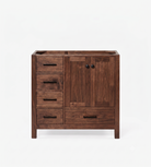 A dark brown wooden bathroom vanity cabinet with a five-drawer left section, two upper cabinet doors with round black knobs, and two lower drawers, shown on a plain white background.