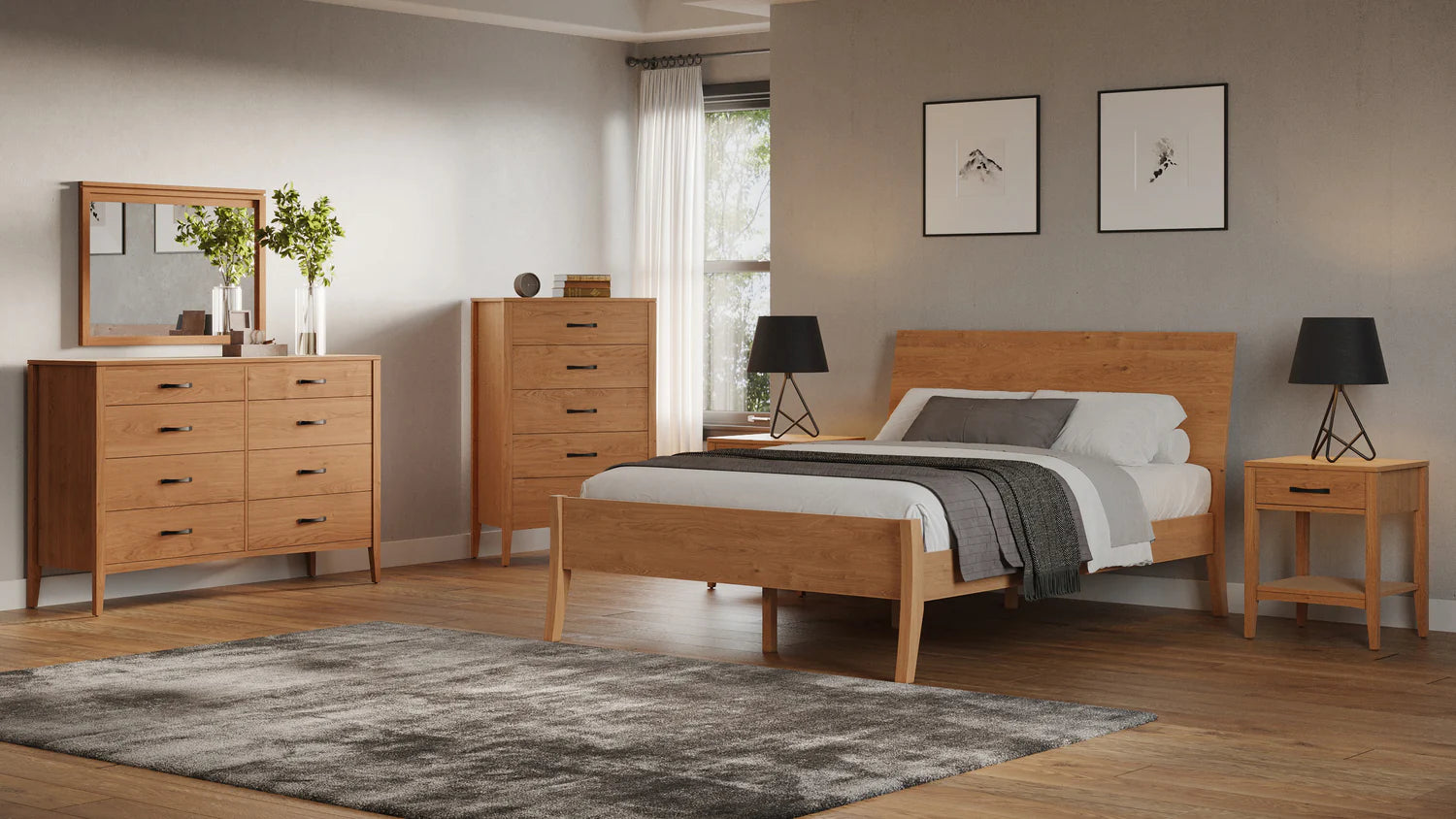 Premium mid century modern bedroom set in natural hardwood finish with platform bed design and tapered legs, showcasing clean minimalist lines and sustainable solid wood construction for modern living