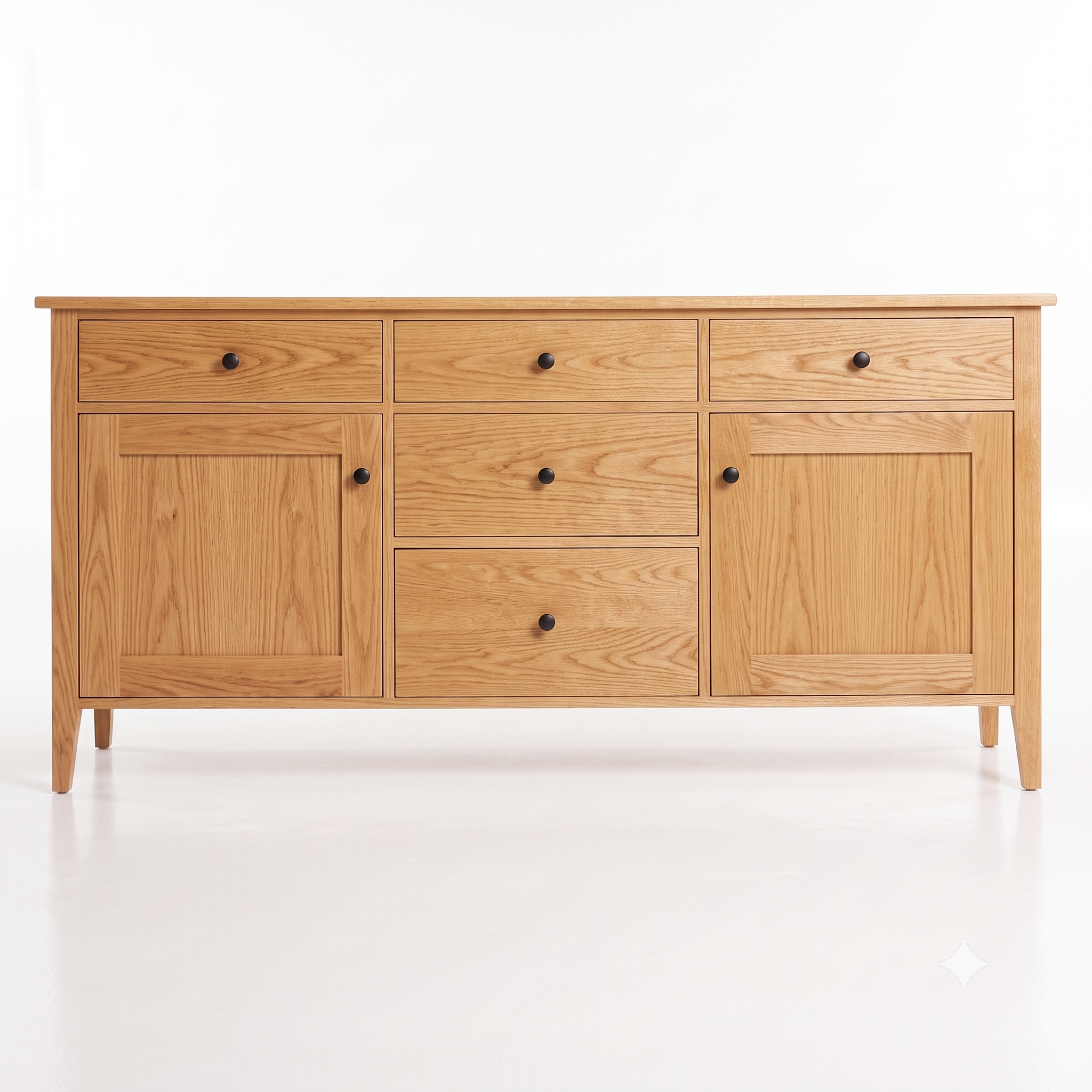 A light oak wood sideboard or credenza with four drawers and two cabinet doors, accented by small round black knobs and supported by tapered legs, shown against a plain white background.